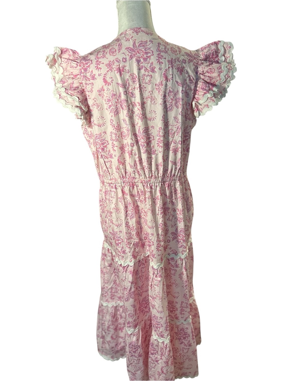 Sail to Sable Pink Floral Midi Dress with Ruffle Hem and Flutter Short Sleeves - Picture 4 of 9